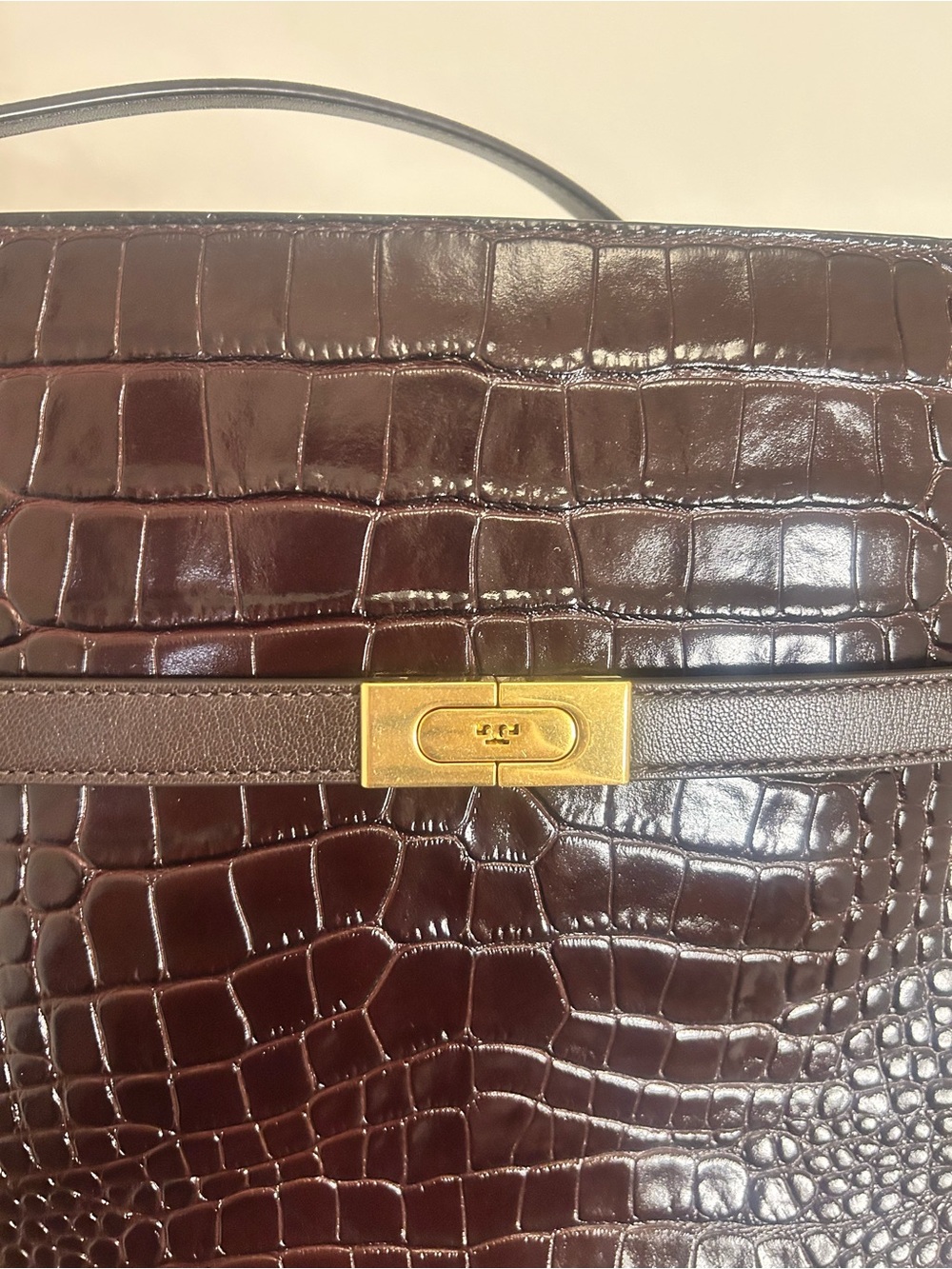 Tory Burch Croc-Embossed Leather Top Handle Bag in Dark Brown - Picture 4 of 8